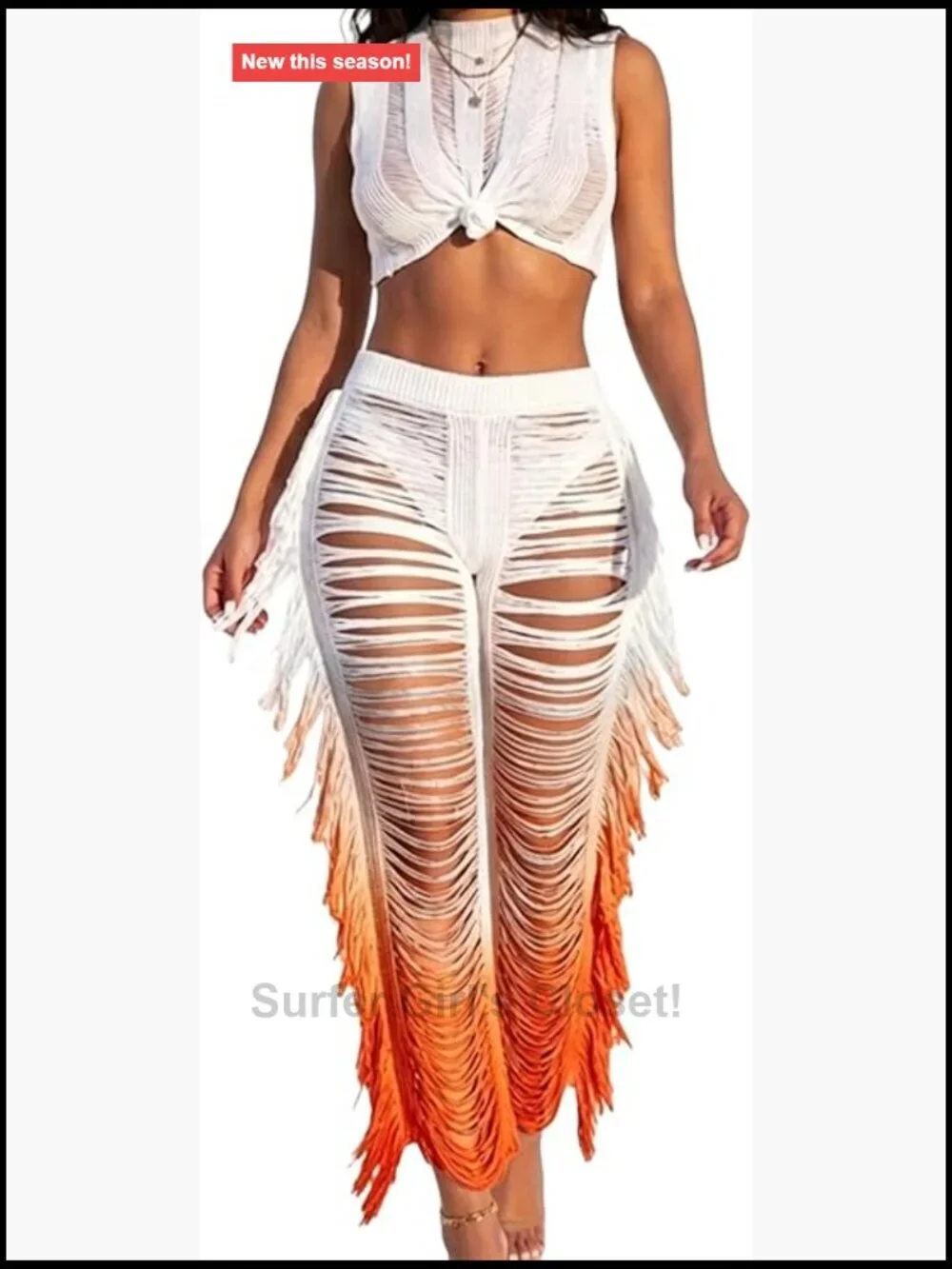 Sexy Fringe Pants Set Women See Through Beach Festival Crochet Outfits
